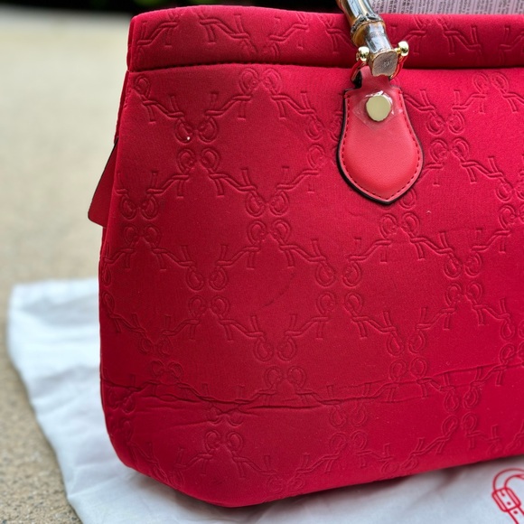 Roberta di Camerino Red Tote with Bamboo Handles Monogram Design - Picture 7 of 16